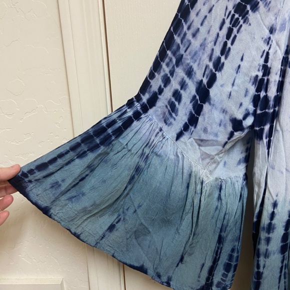 Boho Whimsigoth Shibori Tie-Dye Peasant Rayon Tunic Top L Flowy Bell Sleeve - Picture 8 of 12